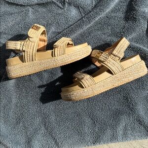 Tan Rattan Woven Strap Sandals